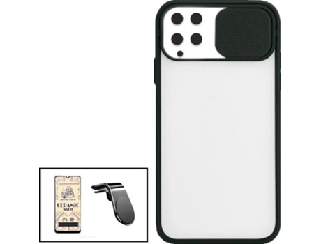 Kit Funda Slide Window Anti Choque Frosted, Cristal Templado CeramicGlass Full Cover y Soporte Magnético L Safe Driving Coche Samsung Galaxy M22 PH...