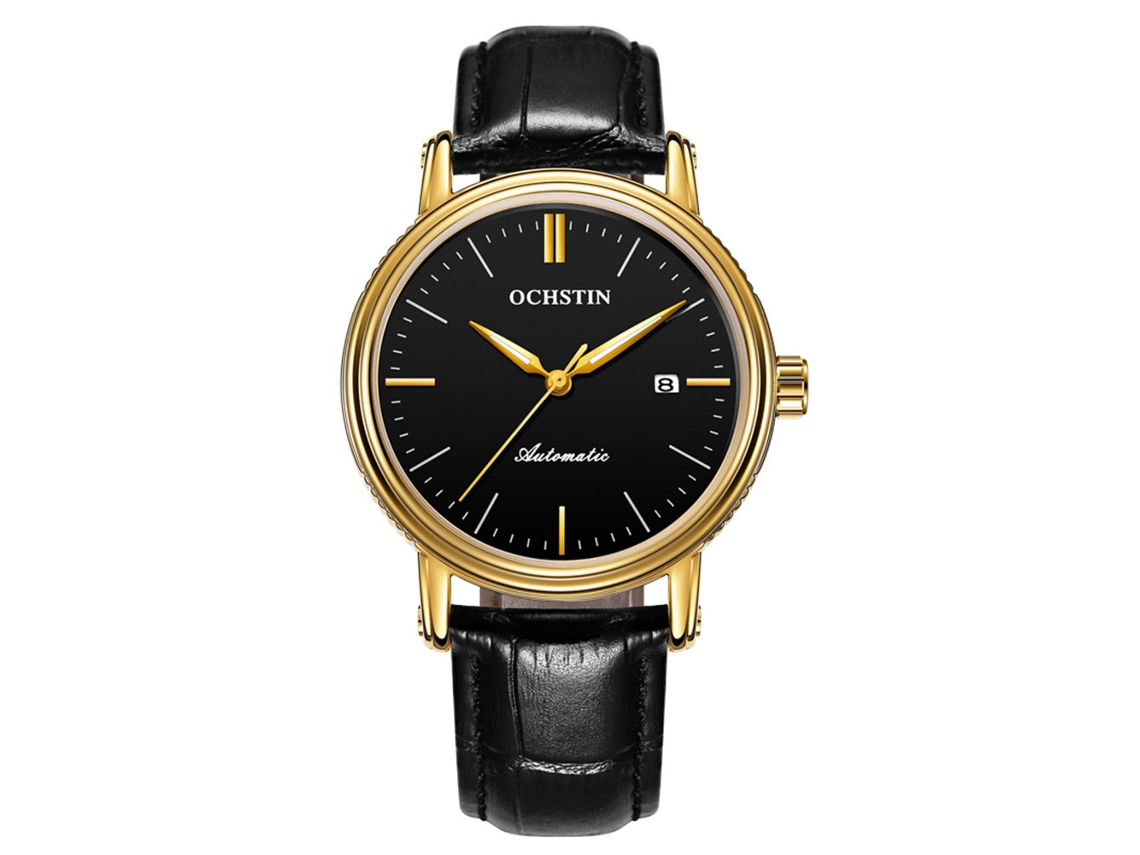 Reloj De Pulsera Automático De Cuero Verdadero Ochstin Para Hombre Negro+oro
