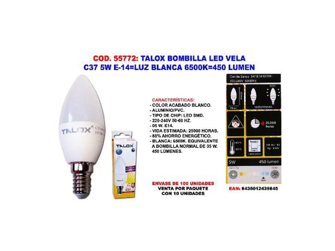 Talox bombilla led vela c37 5w e14 l.blanca 6500k 450 lumen (caja 10 unidades)