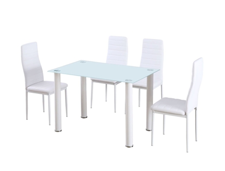 Mesa de Cristal Templado 4 Sillas Polipiel. Comedor o Cocina, Blanco