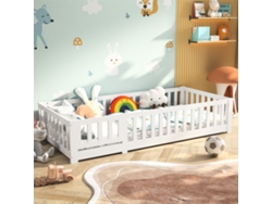 Cama Infantil Montessori 90x200 cm, Cama Baja con Barandilla de Seguridad en Madera Maciza de Pino, Blanca