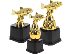 Juego de 3 trofeos en miniatura con forma de pez, fabricados en plástico.