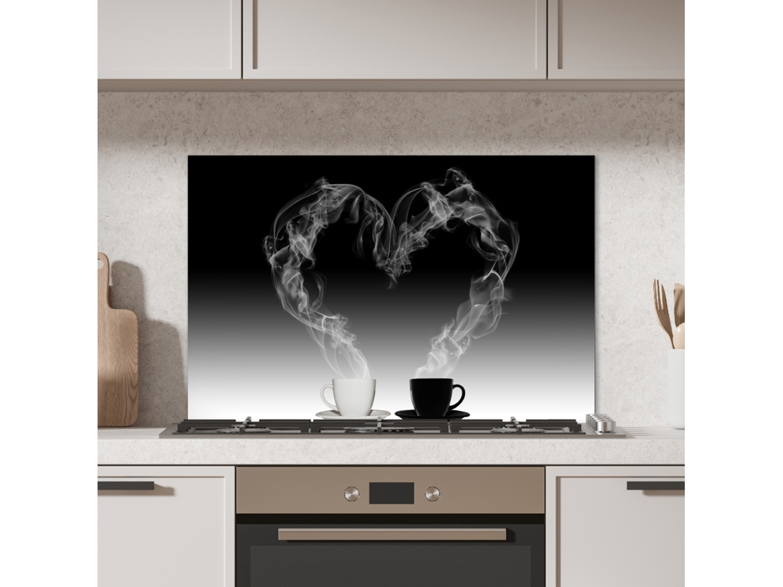Panel antisalpicaduras de cocina - Café - Corazón - Blanco y negro - Tazas 90x60 cm