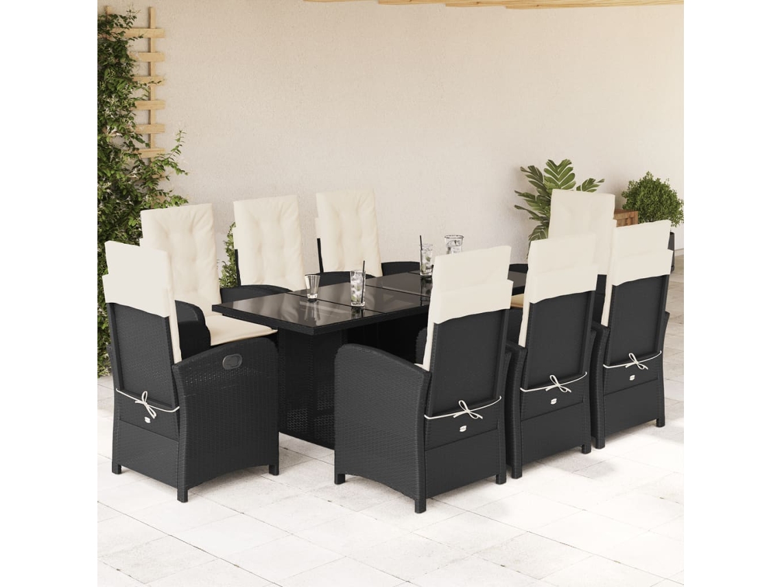 Juego de comedor de jardín de 9 piezas con cojines, mimbre sintético negro, DKD Home Decor