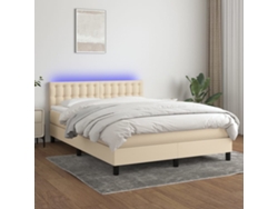 Cama Box Spring Colchón Y Luces Led Tela Crema 140x200 Cm