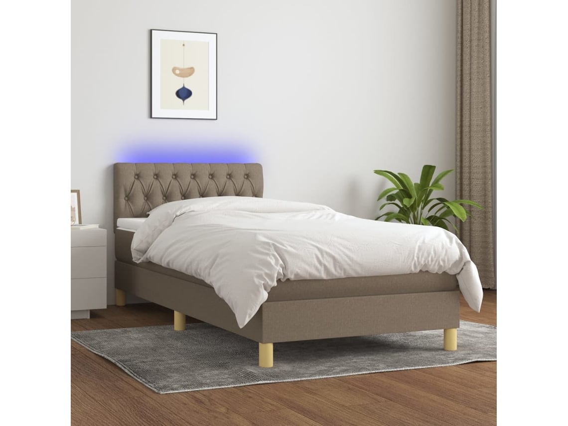 Cama Box Spring Con Colchón Led Tela Gris Taupe 100x200 Cm