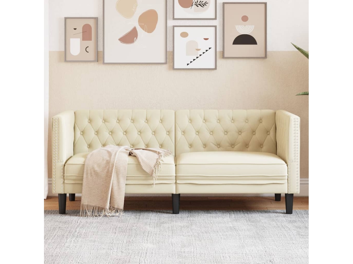 Sofá Chesterfield De 2 Plazas Cuero Artificial Blanco Crema