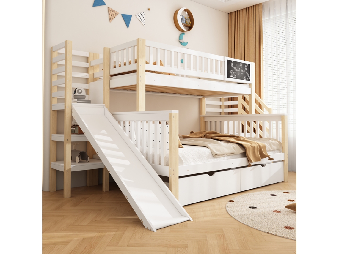 Cama Casa 140x200cm y 90x200cm con Escalera, Armarios, Tobogán y Pizarra, Muebles Blancos y Naturales