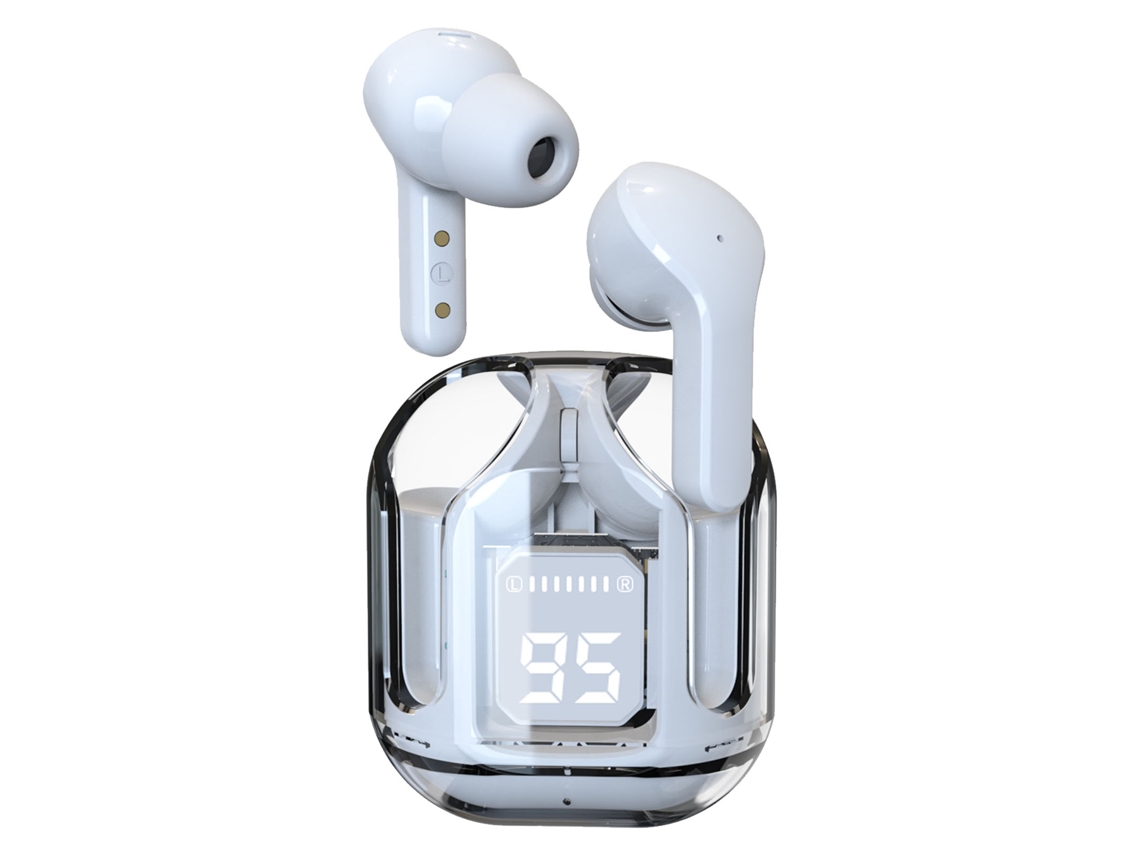 Fones Mali Sem Fio Transparente, Estiloso, Cancelamento de Ruído, Estéreo, Hifi, Controle Táctil, Branco