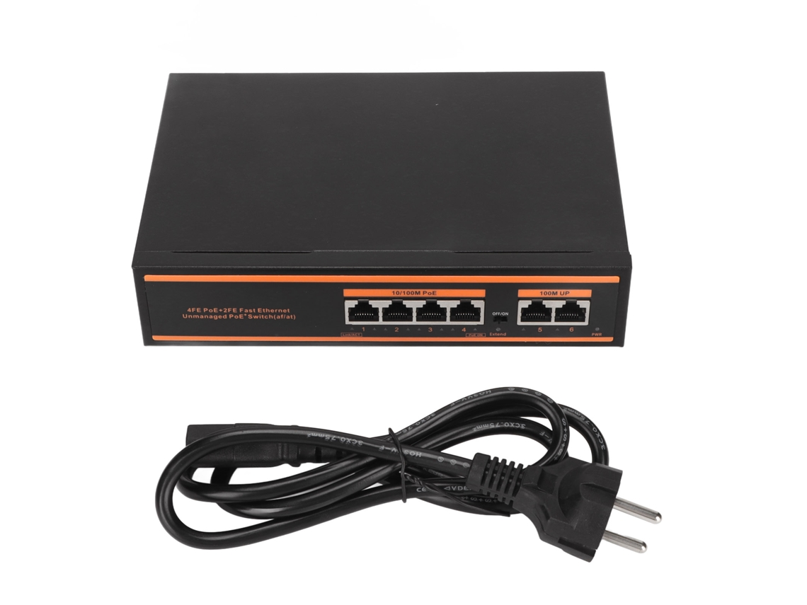Conmutador PoE con 6 puertos de 100 Mbps.