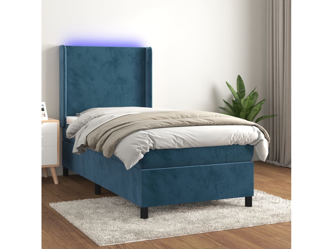 Cama Box Spring Colchón Y Led Terciopelo Azul Oscuro 100x200 Cm