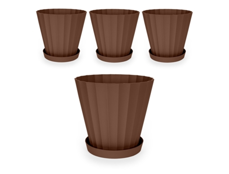 Macetas para Plantas PLASTIKEN Redonda con Platos Incluidos (4 Un - 5L - Marrón - 22 x 22 x 20 cm)