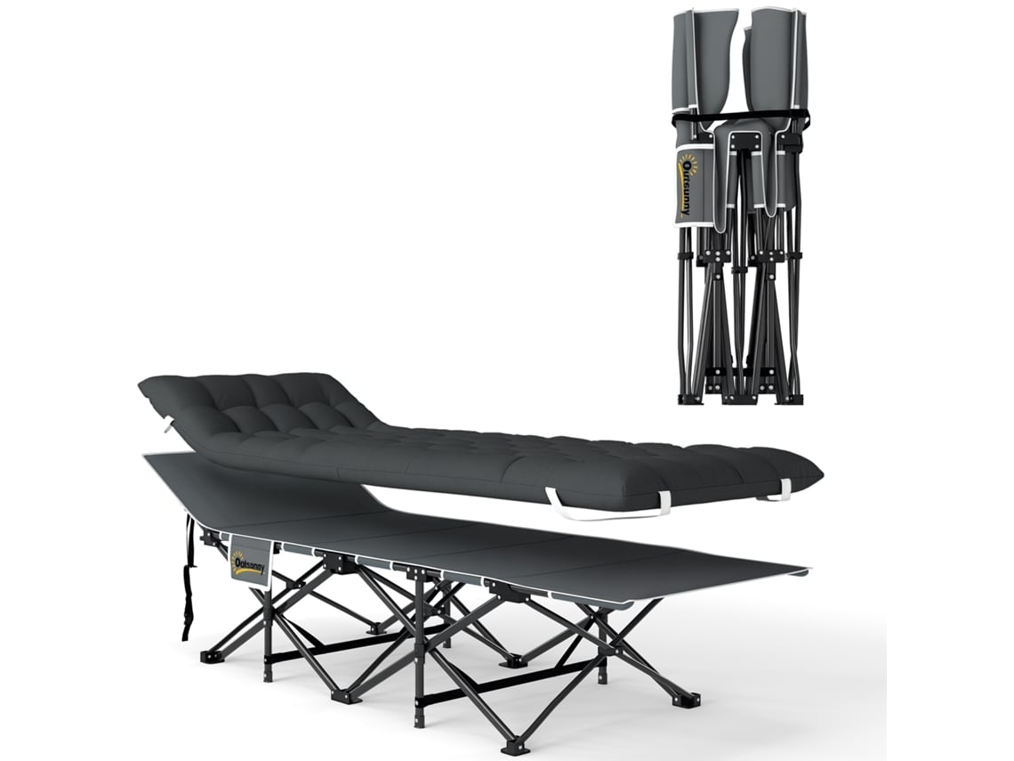 Cama plegable de camping con colchón y reposacabezas extraíbles, 186x68x37cm, negra