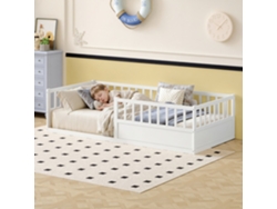 Cama Infantil Montessori, De 90x200 Cm, En Pino Blanco Con Barandilla De Seguridad Y Somier De Láminas.