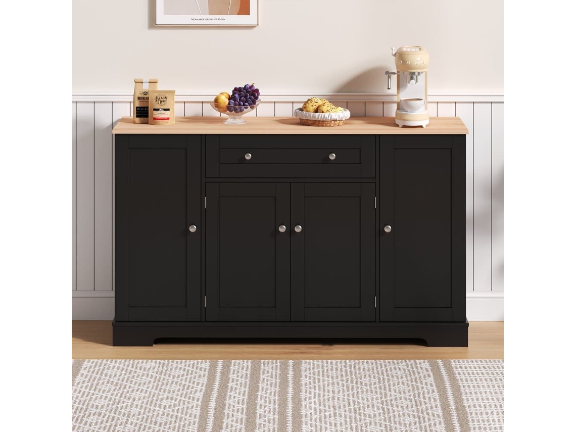 Buffet Multifuncional 138 Cm - Con Cajón, Puertas De Estante Y Baldas Ajustables - Negro