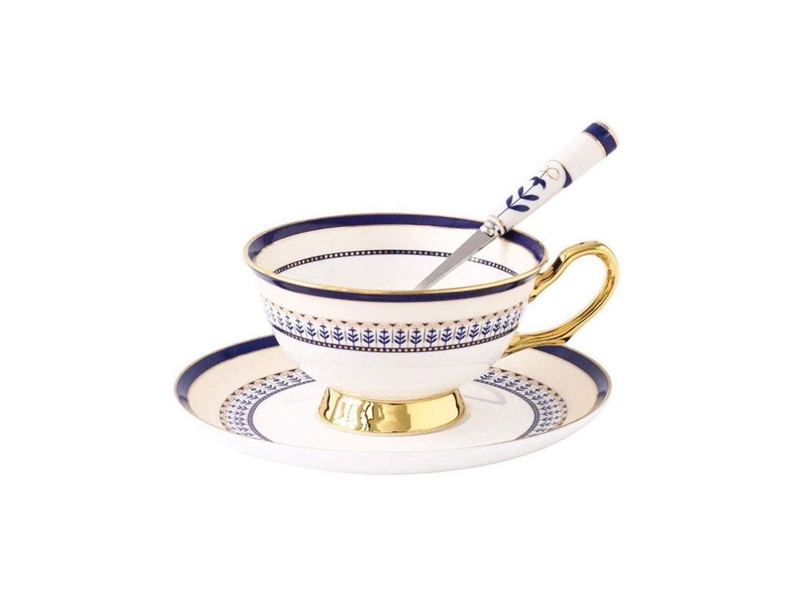 Juego de taza y platillo azul marino con cuchara, diseño de Phnom Penh, estilo nórdico, lujo elegante.