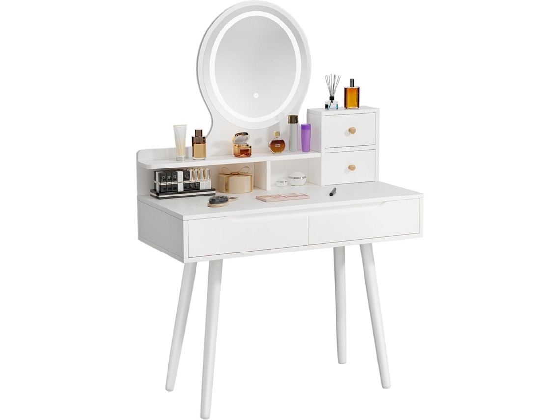 Cabina de Maquillaje Blanca con Espejo Redondo e Iluminación, 80 cm, Modelo D68 Zenkihome