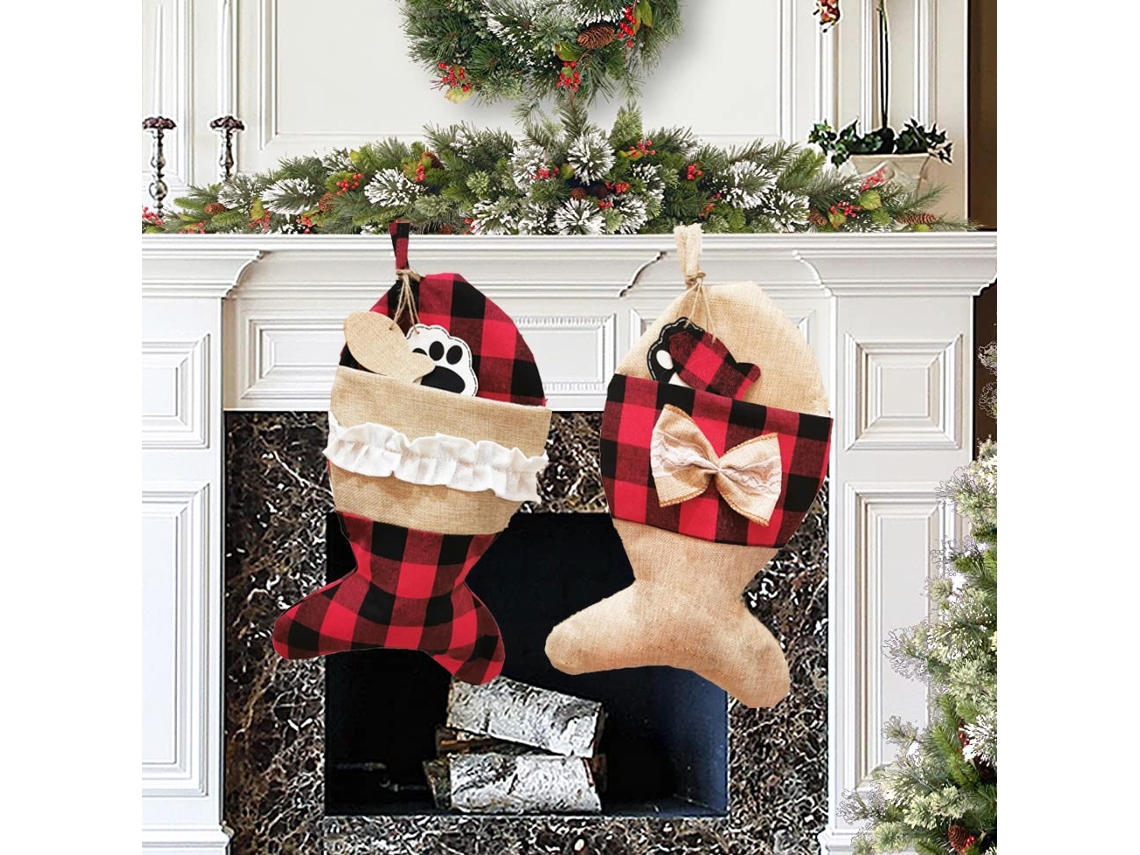 2 Calcetines Navidad Gatos Cuadros Mascotas Papá Noel Chimenea Decoración Personalizada