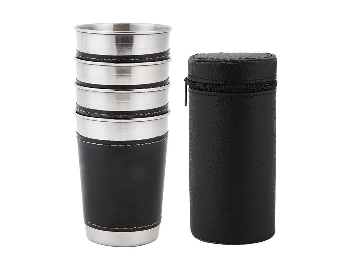 Juego De 4 Mini Tazas Portátiles De Acero Inoxidable Para Vino O Café Con Tapa De Cuero, 170 Ml.