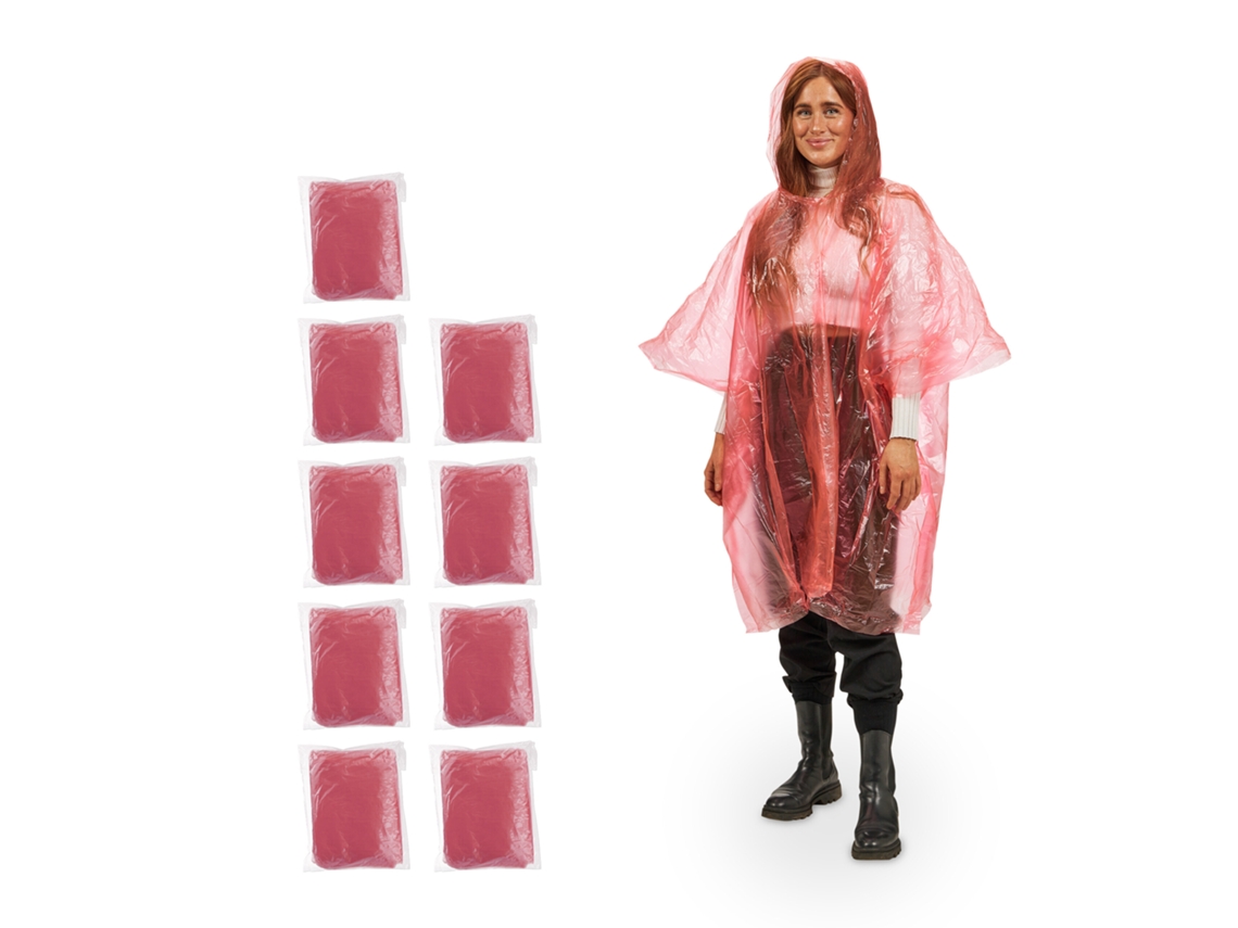 Relaxdays Set De 10 Chubasqueros, Capa Lluvia Capucha, Poncho Impermeable Desechable, Hombre Y Mujer, Pe, Rojo