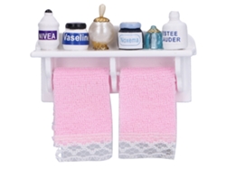 Accesorios de baño para casa de muñecas: Toallero de madera en miniatura a escala 1:12, botellas decorativas.
