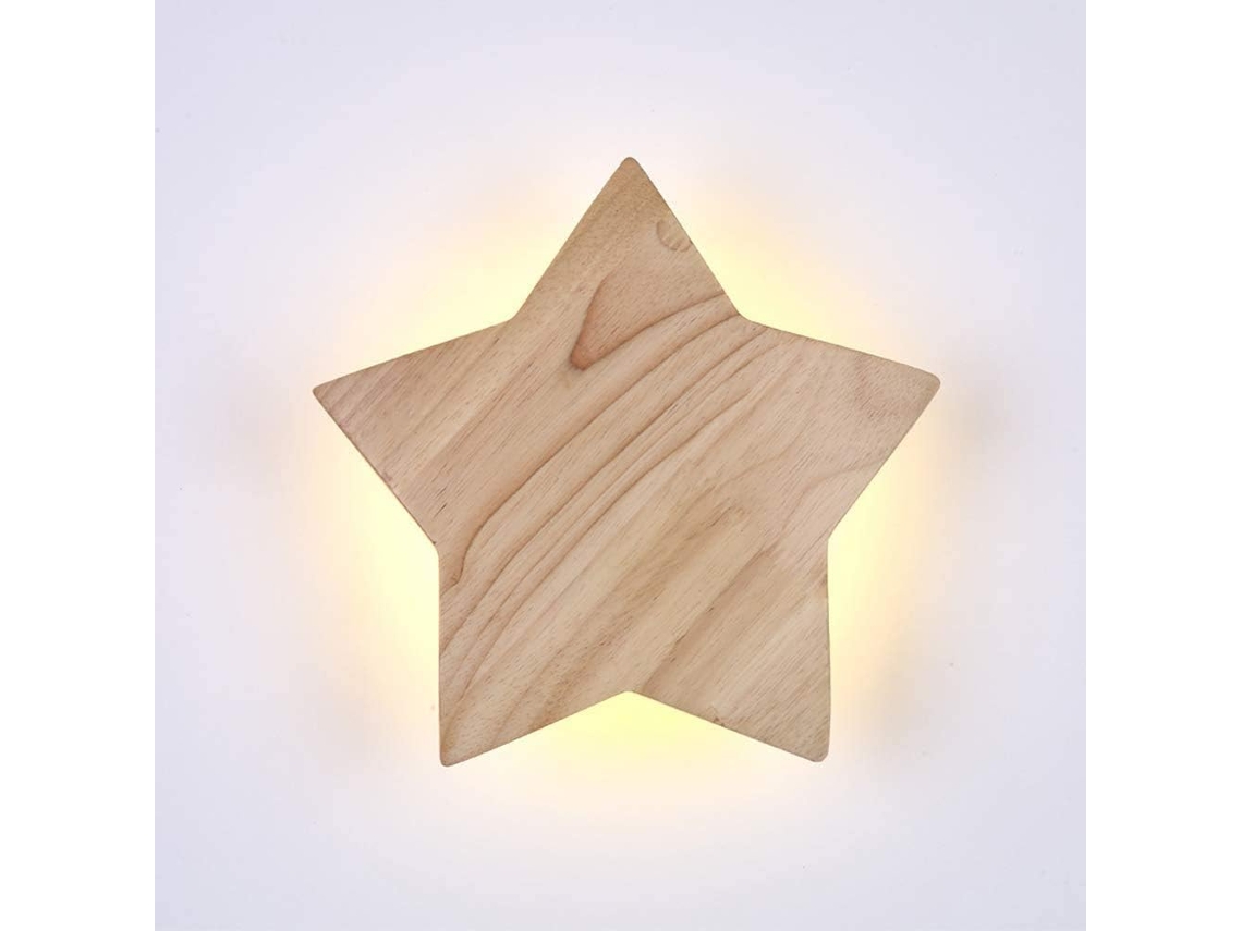 Aplique de pared de madera con forma de estrella y LED, diseño infantil (ø22 cm)