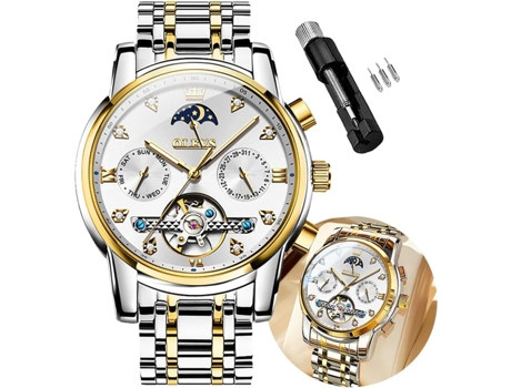 VEANXIN Reloj mecánico automático de acero inoxidable para hombre(Plata Oro-Plata)