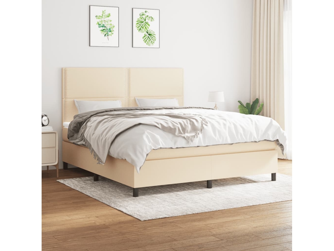 Cama Box Spring Con Colchón Tela Color Crema 180x200 Cm