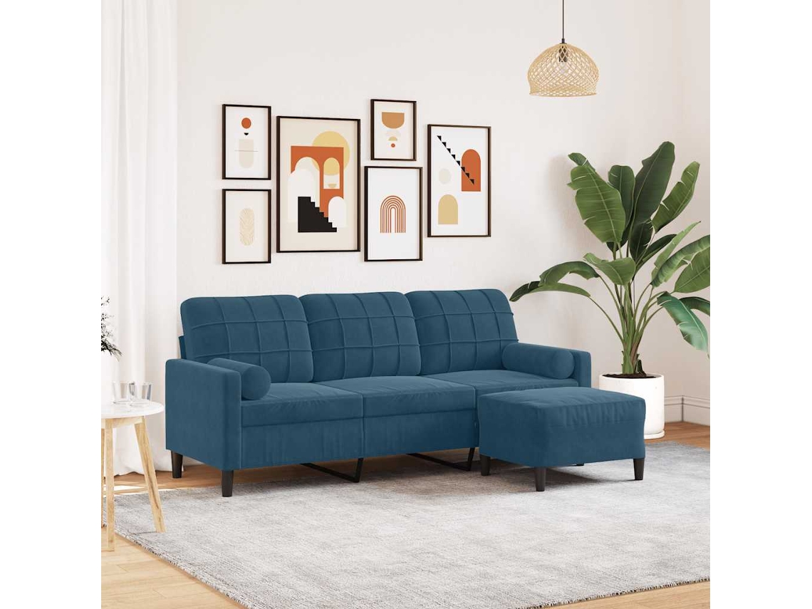 Sofá De 3 Plazas | Sofá De Salón | Sofá De Descanso Con Taburete De Terciopelo Azul 180 Cm