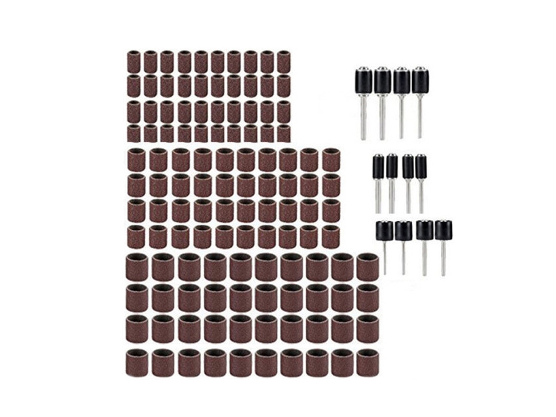 Kit de lijado de tambor de 132 piezas con almohadillas abrasivas de grano 80 y mandriles de goma para herramientas rotativas.