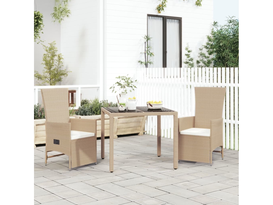 Juego de comedor de jardín de 3 piezas con cojines, mimbre sintético beige, Dkd Home Decor