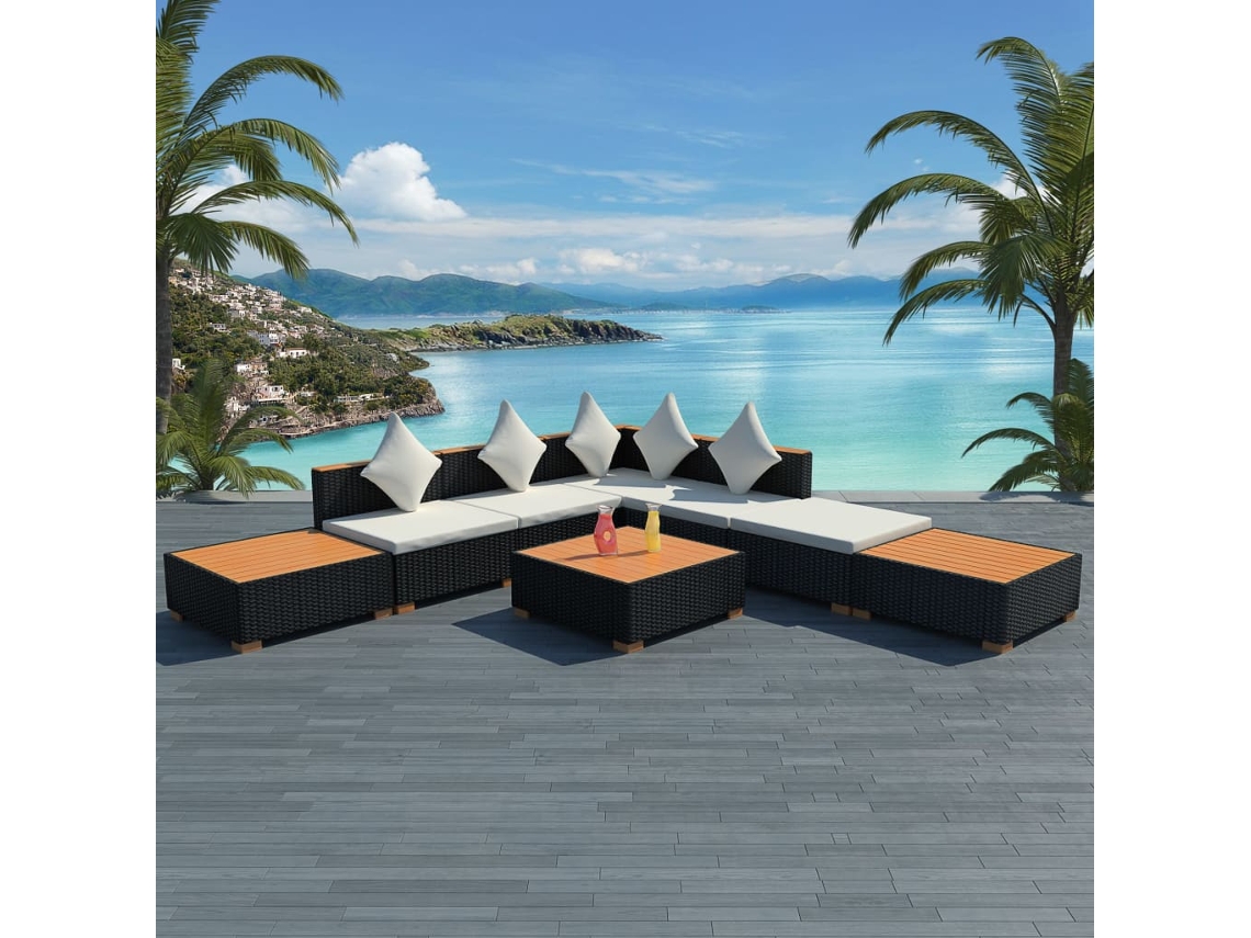 Conjunto de jardín de 8 piezas con cojines de mimbre negros de DKD Home Decor