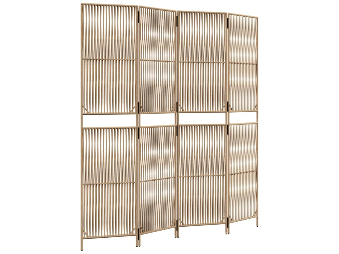 Biombo separador de ambientes, 4 paneles en resina tejida beige y acero Dec030830