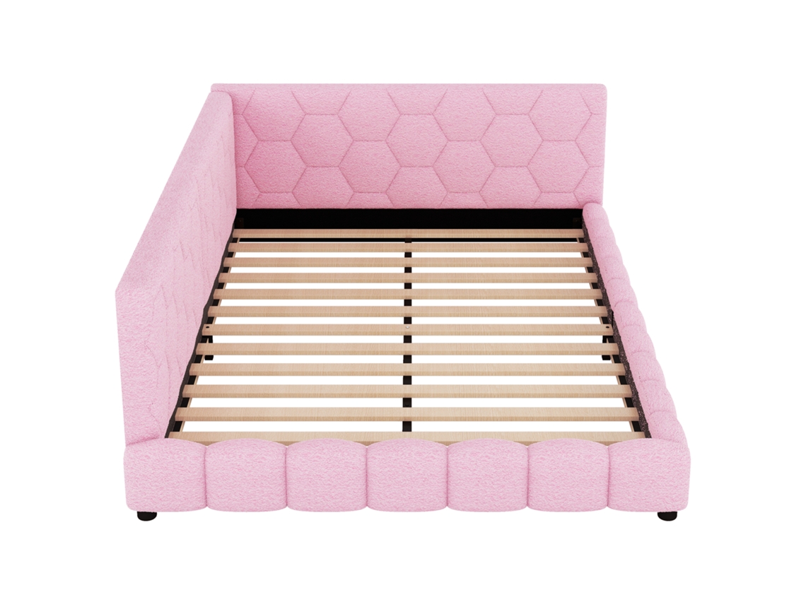 Sofá cama LED con puerto USB, madera Mobrio y terciopelo rosa (140x200)