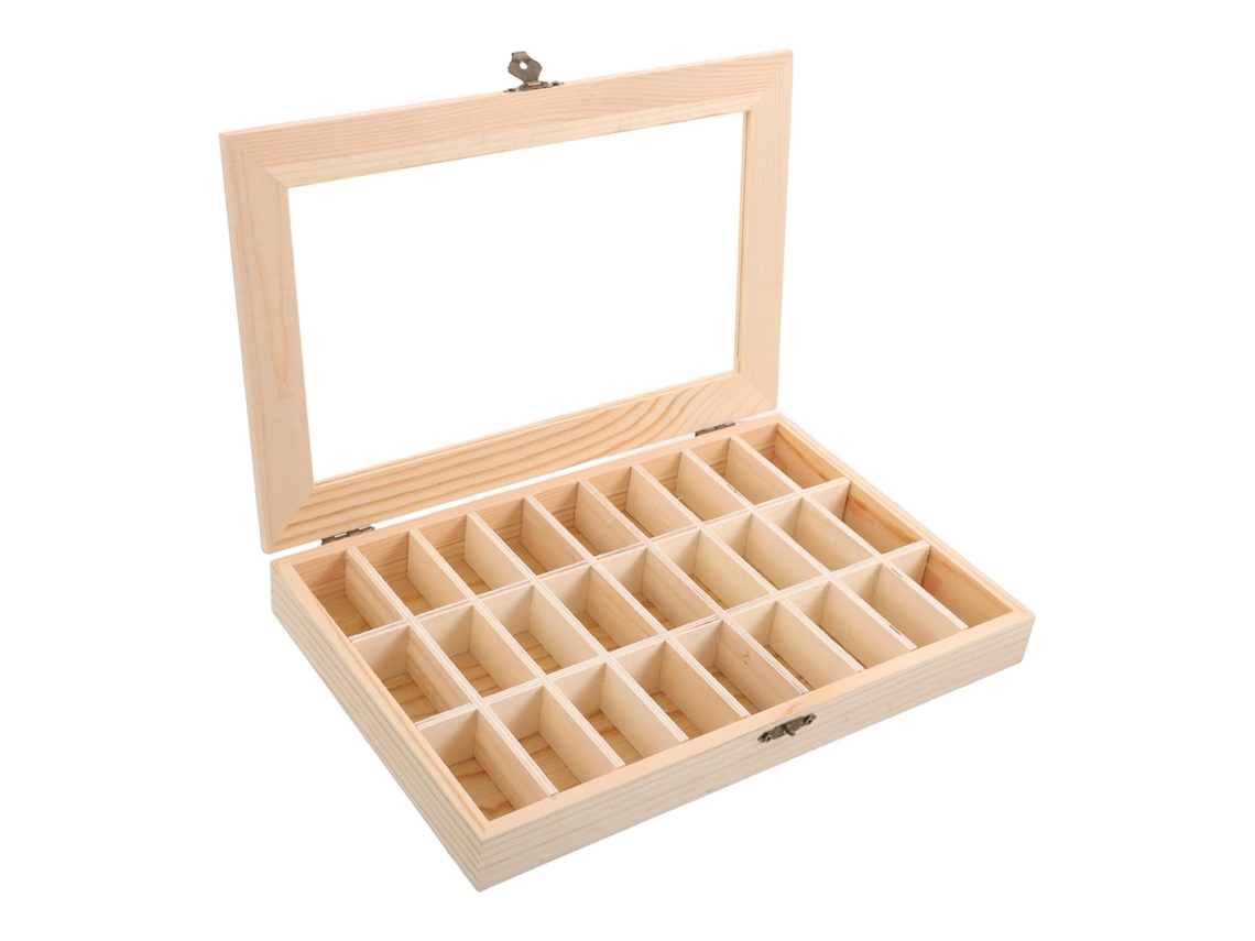 Vitrina de madera maciza con compartimentos para exhibir muestras geológicas.