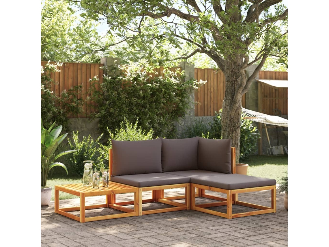Conjunto de sofá de jardín de 4 piezas con cojines de madera maciza de acacia, Dkd Home Decor