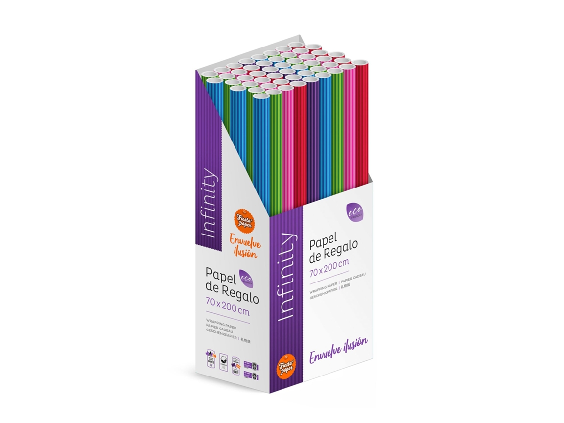 Pack 50 Rollos Papel Regalo Infinity 2m X 70cm Diseño Moderno, Caja Expositora, Estilo Contemporáneo, Resistente, Listo Para Tienda, Decoración Regalos Tiendas Comercios - Fp Fiesta Paper