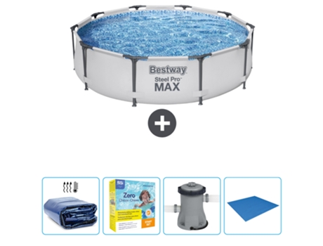 Piscina BESTWAY Round Steel Pro MAX - 305 x 76 cm - Gris - Incluida Vela solar - Paquete de mantenimiento - Bomba - Suelo