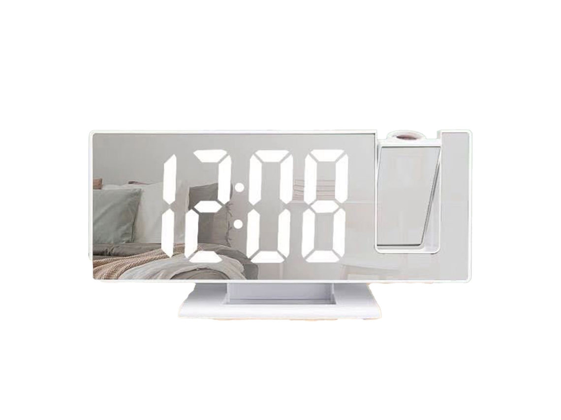 Reloj despertador Baok-reloj con proyección LED, pantalla grande con espejo y superficie de ABS para dormitorio, luz blanca.