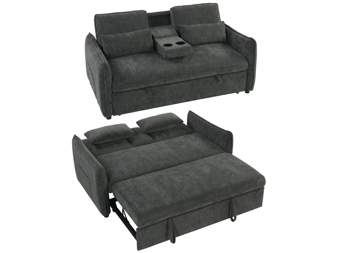 Sofá Cama 3 En 1 De 2 Plazas Con Respaldo Ajustable En 3 Posiciones Y 2 Cojines, Chenilla, Gris Oscuro.