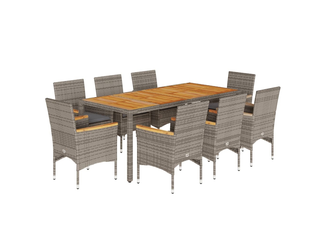 Juego de 9 juegos de comedor de jardín con cojines de mimbre, acacia/gris, EXCLUSIVO DE MAISON