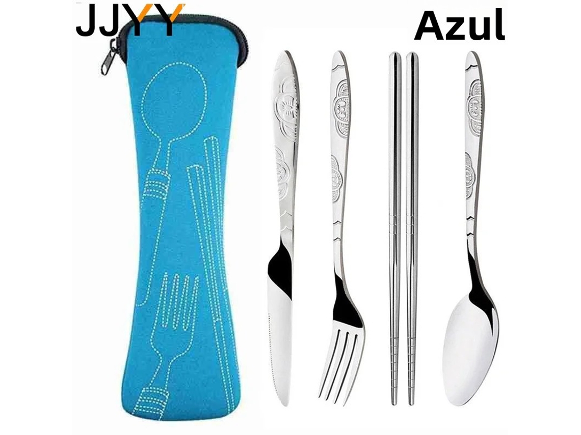 Juego de cubiertos portátiles de acero inoxidable con diseño en relieve y bolsa de viaje. MDUG (azul, 4 piezas)