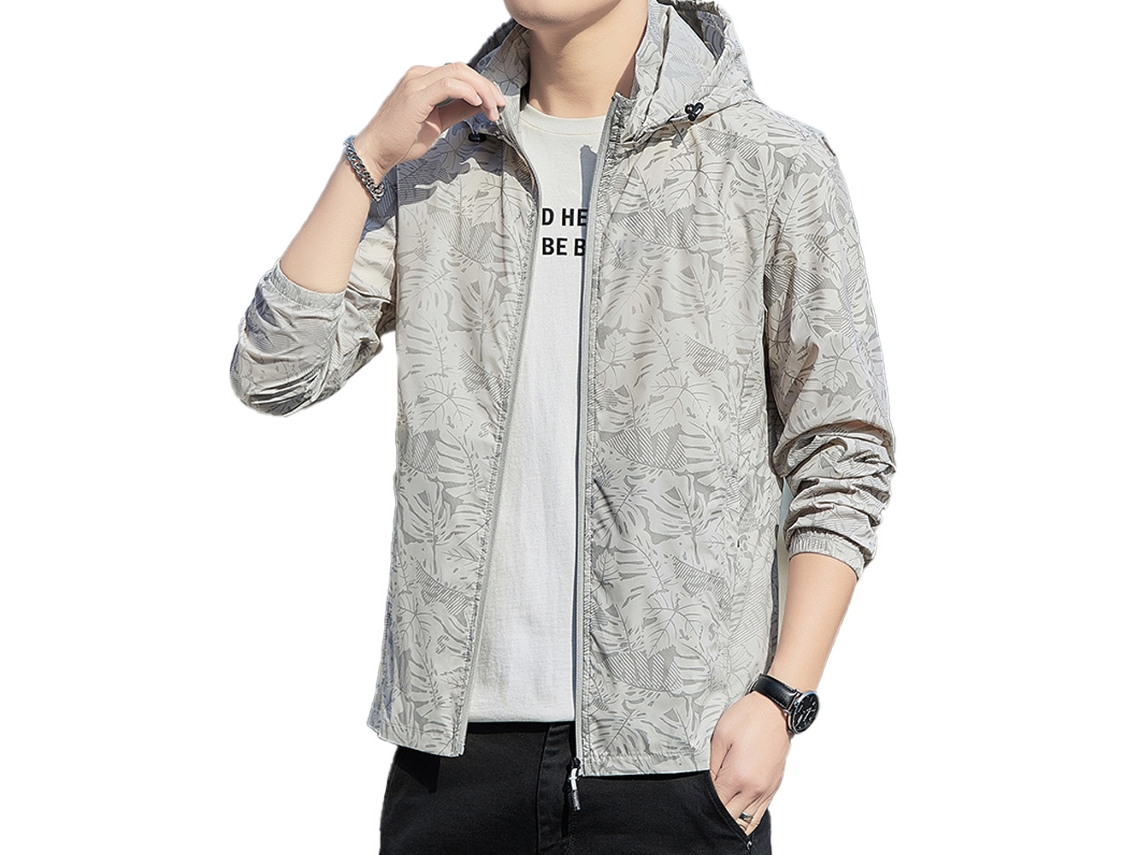Ropa de protección solar ligera para hombre, color gris, con capucha, tejido transpirable para exteriores.