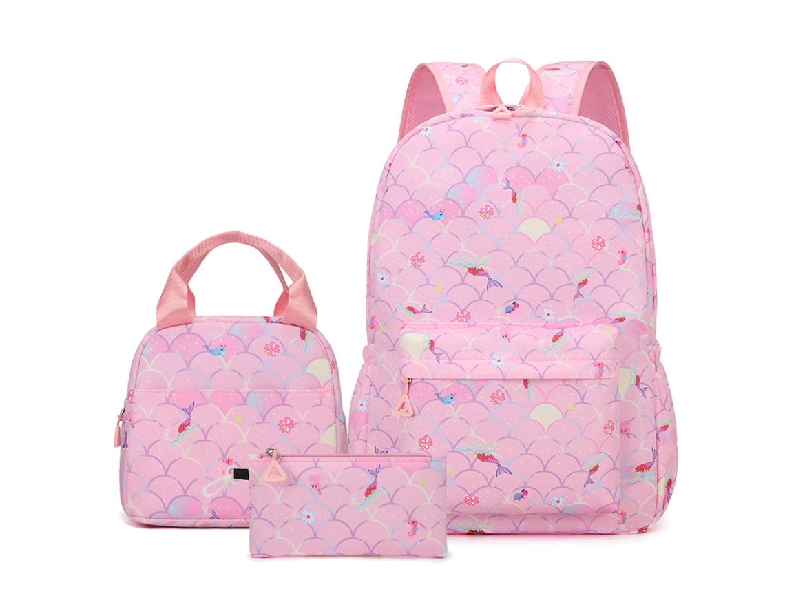 Mochila de estudiante de tres piezas con gran capacidad en color rosa sirena