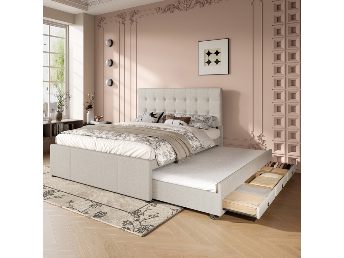 Cama Tapizada 140x200 Cm Con Cama Extra 90x190 Cm - En Tejido De Lino - Con 3 Cajones Y Somier De Láminas - Beige