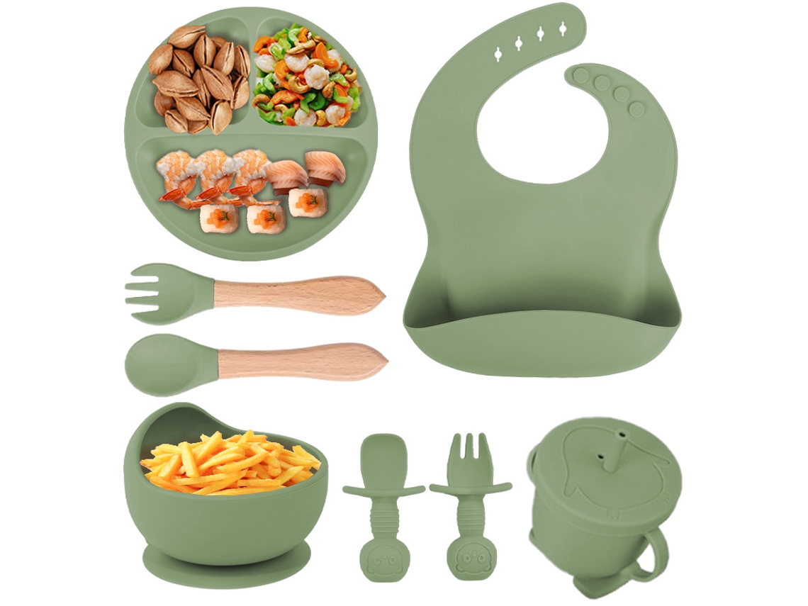 Juego de alimentación para bebés PANOONA de 8 piezas de silicona, incluye vaso con ventosa, tazón, babero, cuchara, tenedor y vaso con pajita - Verde