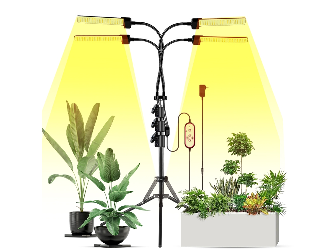 Luces LED de cultivo de 3 cabezales para plantas de interior, espectro completo, 3 modos de luz, 5 niveles de brillo, 3 tiempos con trípode de altura ajustable.