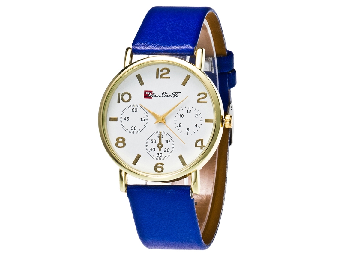 Reloj De Pulsera De Cuarzo Para Mujer Con Correa De Piel Sintética, Estilo Sencillo, Esfera Redonda Azul.