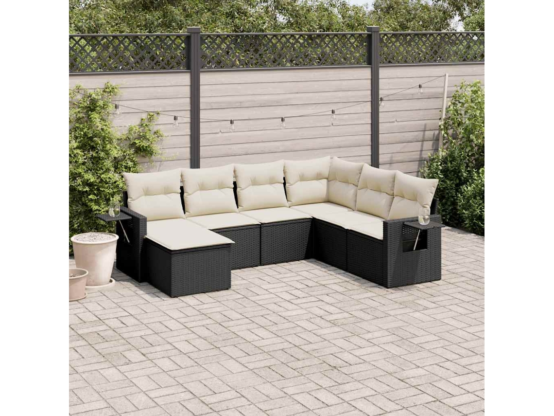 Conjunto de sofá de jardín de 7 piezas con cojines, ratán negro, Dkd Home Decor
