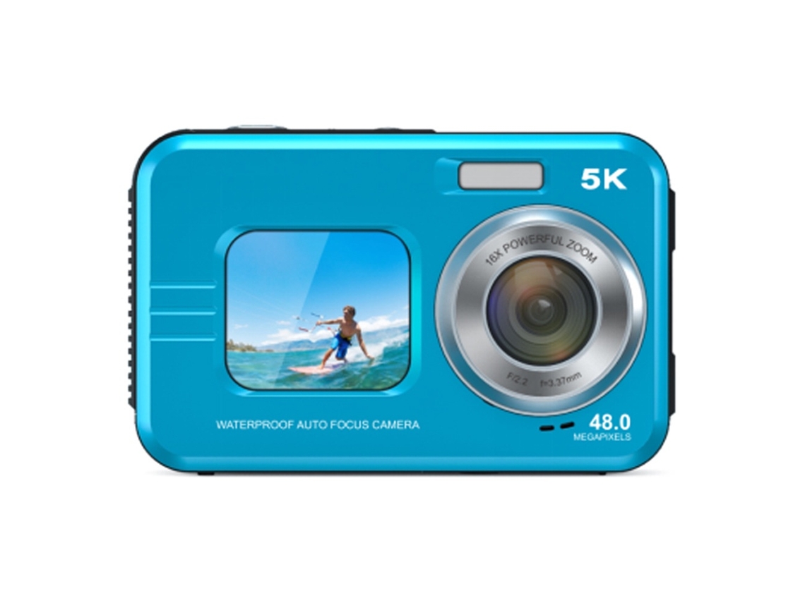 Cámara digital impermeable 5k Ultra HD, 48 MP, pantalla dual, zoom 16x, enfoque automático (azul) Bisbisous (2.8 trasera y 1.7 delantera)